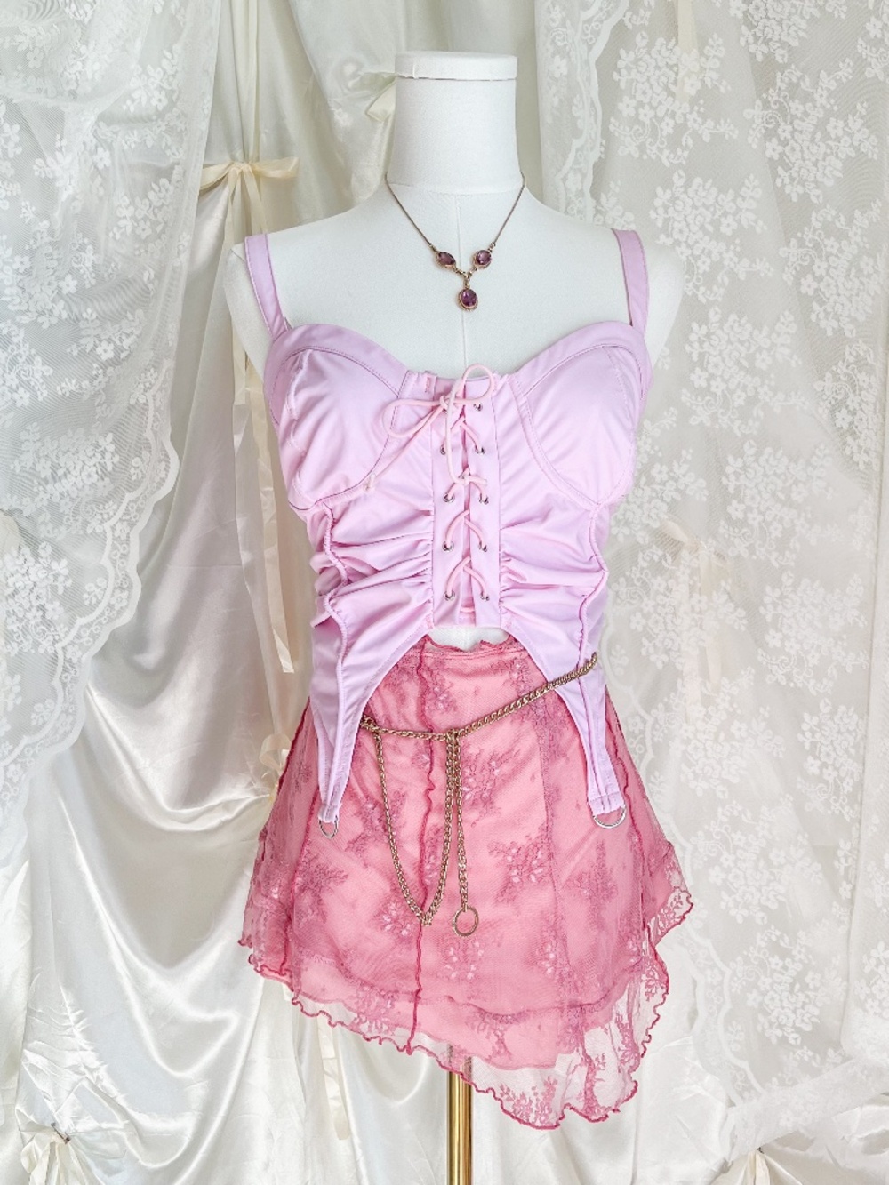 Pink Pleather Corset Style Top Lace Up Coquette Y2K Bustier